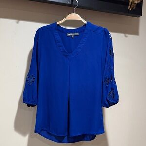 New York & Company Royal Blue Blouse with Embroidered Sleeves